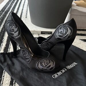 Giorgio Armani Black Rose Embroidered Heels